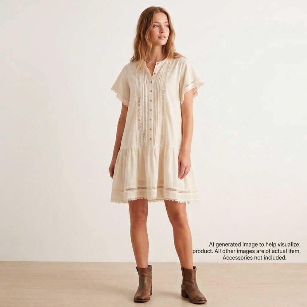 H&M Pintucks Oversized Mini Dress Sz M Lace Boho Cottage Lagenlook Prairie Beach